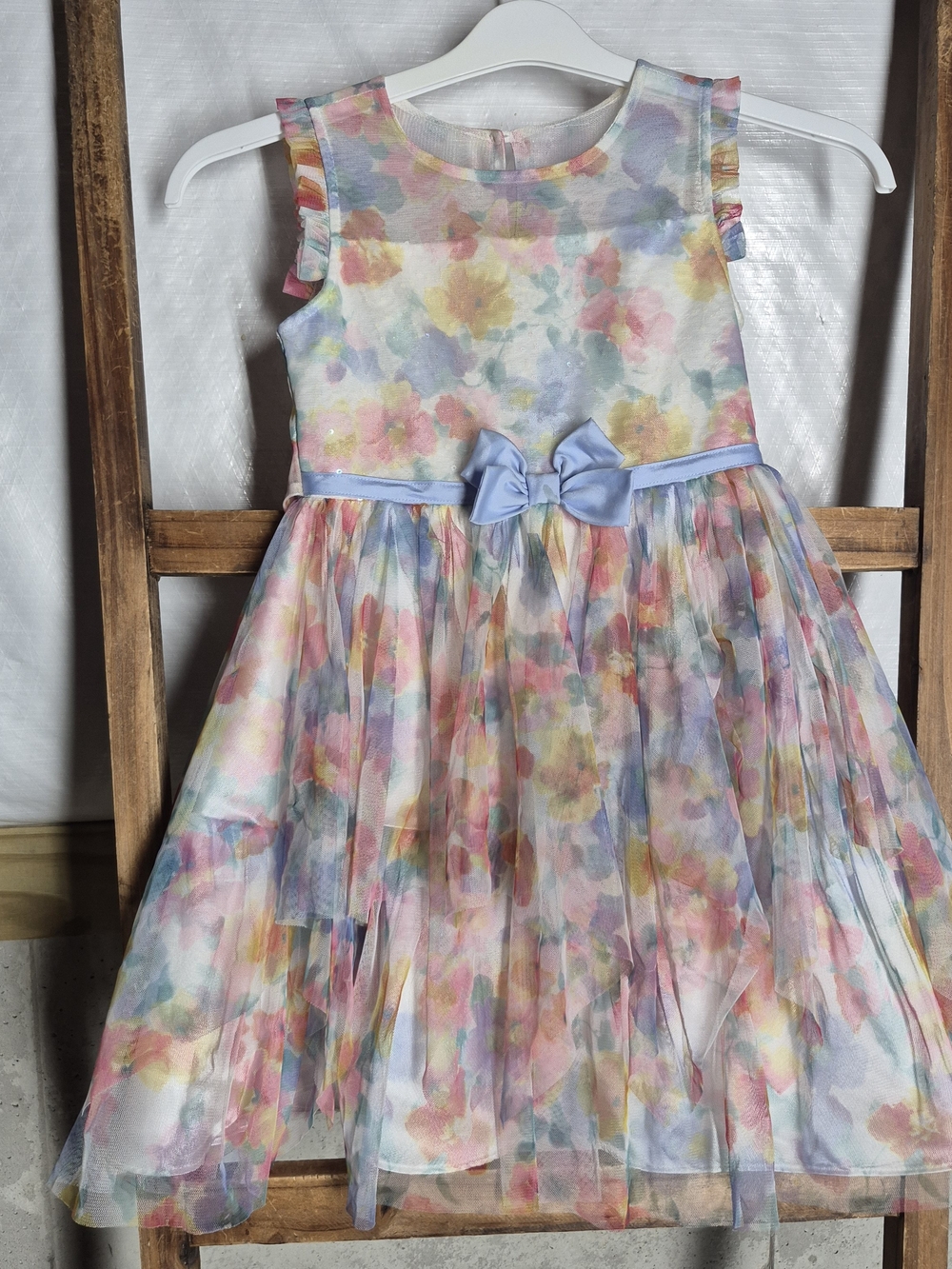 Jona Michelle Pastel Floral Mesh Dress with Blue Bow